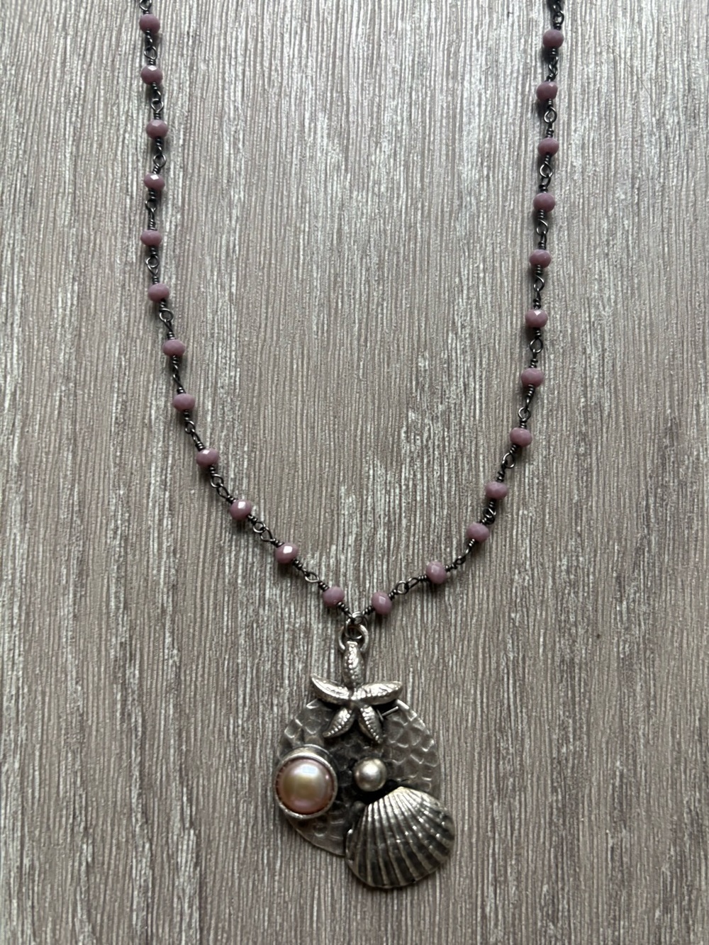 Handcrafted Quartz Rosary Style Beaded Necklace with a Coastal Inspired Pendant